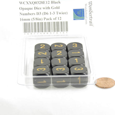 WCXXQ0328E12 Black Opaque Dice with Gold Numbers D3 (D6 1-3 Twice) 16mm (5/8in) Pack of 12 (ONLINE ORDER ONLY)