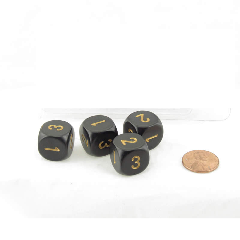 WCXXQ0328E4 Black Opaque Dice with Gold Numbers D3 (D6 1-3 Twice) 16mm (5/8in) Pack of 4 (ONLINE ORDER ONLY)