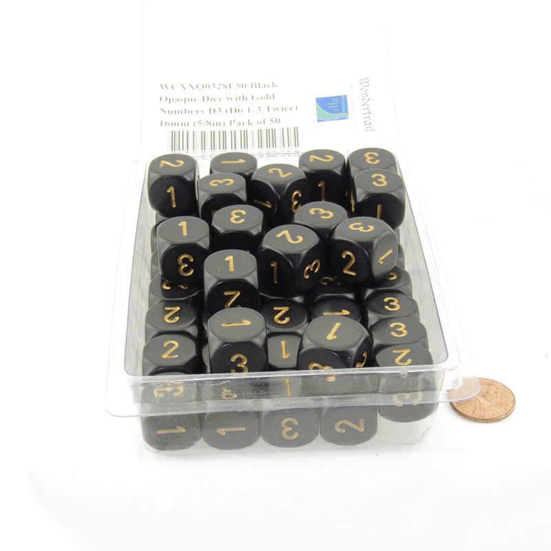 WCXXQ0328E50 Black Opaque Dice with Gold Numbers D3 (D6 1-3 Twice) 16mm (5/8in) Pack of 50 (ONLINE ORDER ONLY)