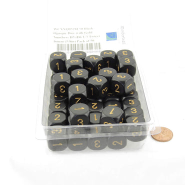 WCXXQ0328E50 Black Opaque Dice with Gold Numbers D3 (D6 1-3 Twice) 16mm (5/8in) Pack of 50 (ONLINE ORDER ONLY)