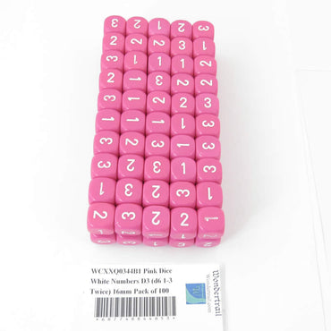 WCXXQ0344B1 Pink Dice White Numbers D3 (d6 1-3 Twice) 16mm Pack of 100 (ONLINE ORDER ONLY)
