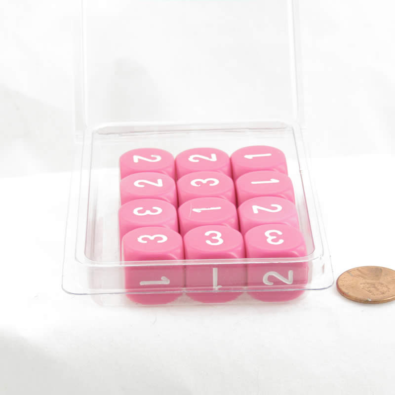 WCXXQ0344E12 Pink Dice White Numbers D3 (d6 1-3 Twice) 16mm Pack of 12 (ONLINE ORDER ONLY)