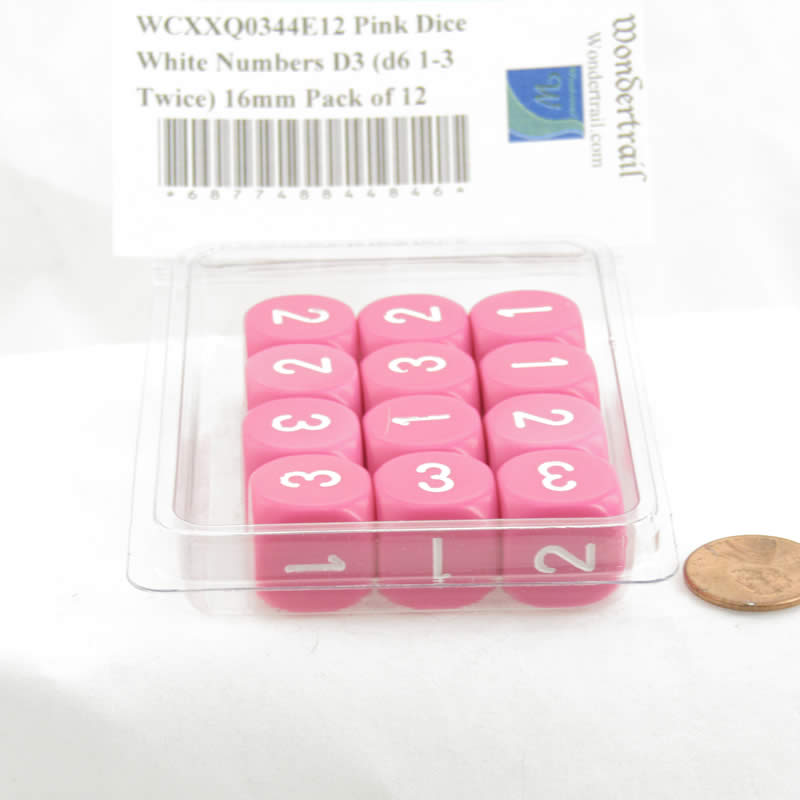 WCXXQ0344E12 Pink Dice White Numbers D3 (d6 1-3 Twice) 16mm Pack of 12 (ONLINE ORDER ONLY)
