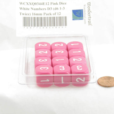 WCXXQ0344E12 Pink Dice White Numbers D3 (d6 1-3 Twice) 16mm Pack of 12 (ONLINE ORDER ONLY)