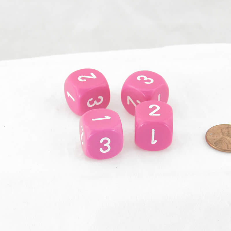 WCXXQ0344E4 Pink Dice White Numbers D3 (d6 1-3 Twice) 16mm Pack of 4 (ONLINE ORDER ONLY)