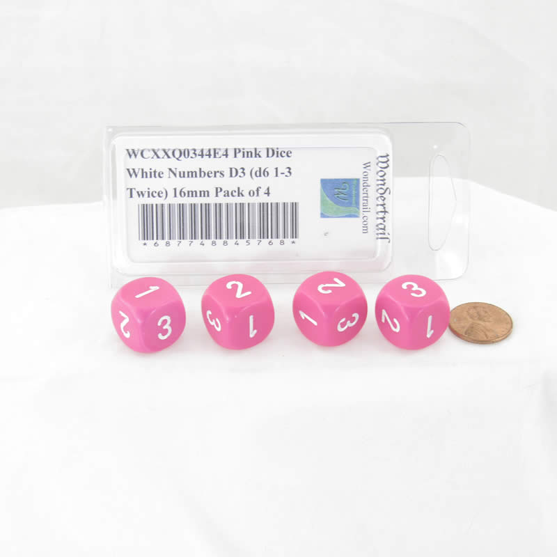 WCXXQ0344E4 Pink Dice White Numbers D3 (d6 1-3 Twice) 16mm Pack of 4 (ONLINE ORDER ONLY)