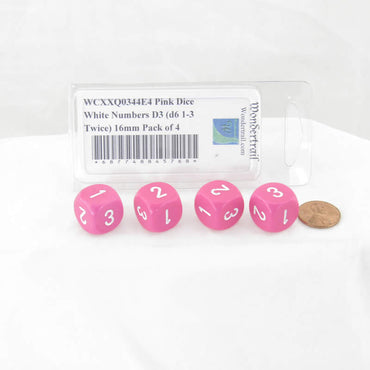 WCXXQ0344E4 Pink Dice White Numbers D3 (d6 1-3 Twice) 16mm Pack of 4 (ONLINE ORDER ONLY)