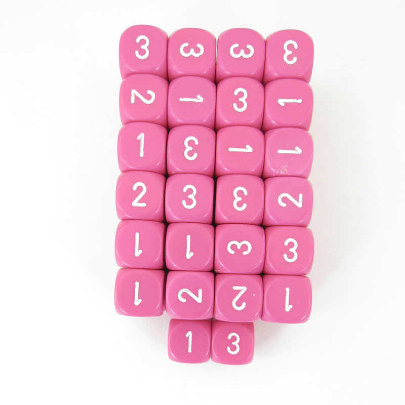 WCXXQ0344E50 Pink Opaque Dice White Numbers D3 (d6 1-3 Twice) 16mm Pack of 50 (ONLINE ORDER ONLY)