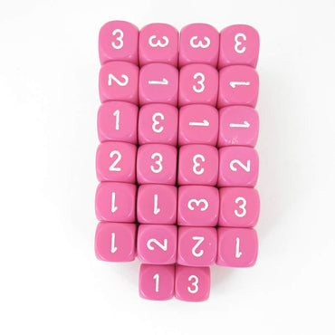 WCXXQ0344E50 Pink Opaque Dice White Numbers D3 (d6 1-3 Twice) 16mm Pack of 50 (ONLINE ORDER ONLY)