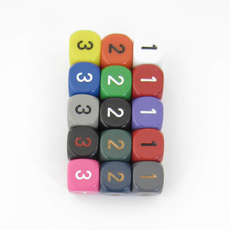 WCXXQ0399E15 Assorted Opaque Dice Numbers D3 (d6 1-3 Twice) 16mm Pack of 15 (ONLINE ORDER ONLY)