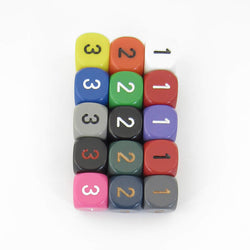 WCXXQ0399E15 Assorted Opaque Dice Numbers D3 (d6 1-3 Twice) 16mm Pack of 15 (ONLINE ORDER ONLY)