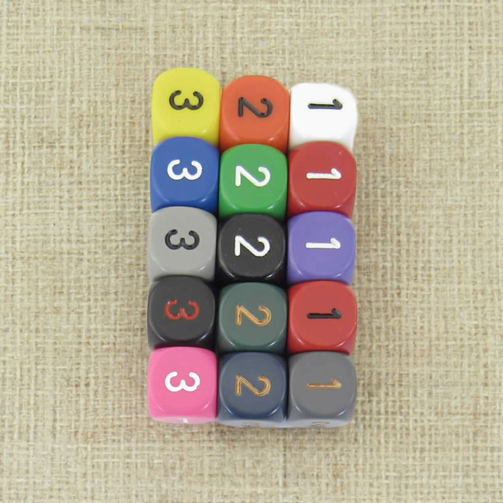 WCXXQ0399E15 Assorted Opaque Dice Numbers D3 (d6 1-3 Twice) 16mm Pack of 15 (ONLINE ORDER ONLY)