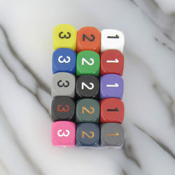 WCXXQ0399E15 Assorted Opaque Dice Numbers D3 (d6 1-3 Twice) 16mm Pack of 15 (ONLINE ORDER ONLY)