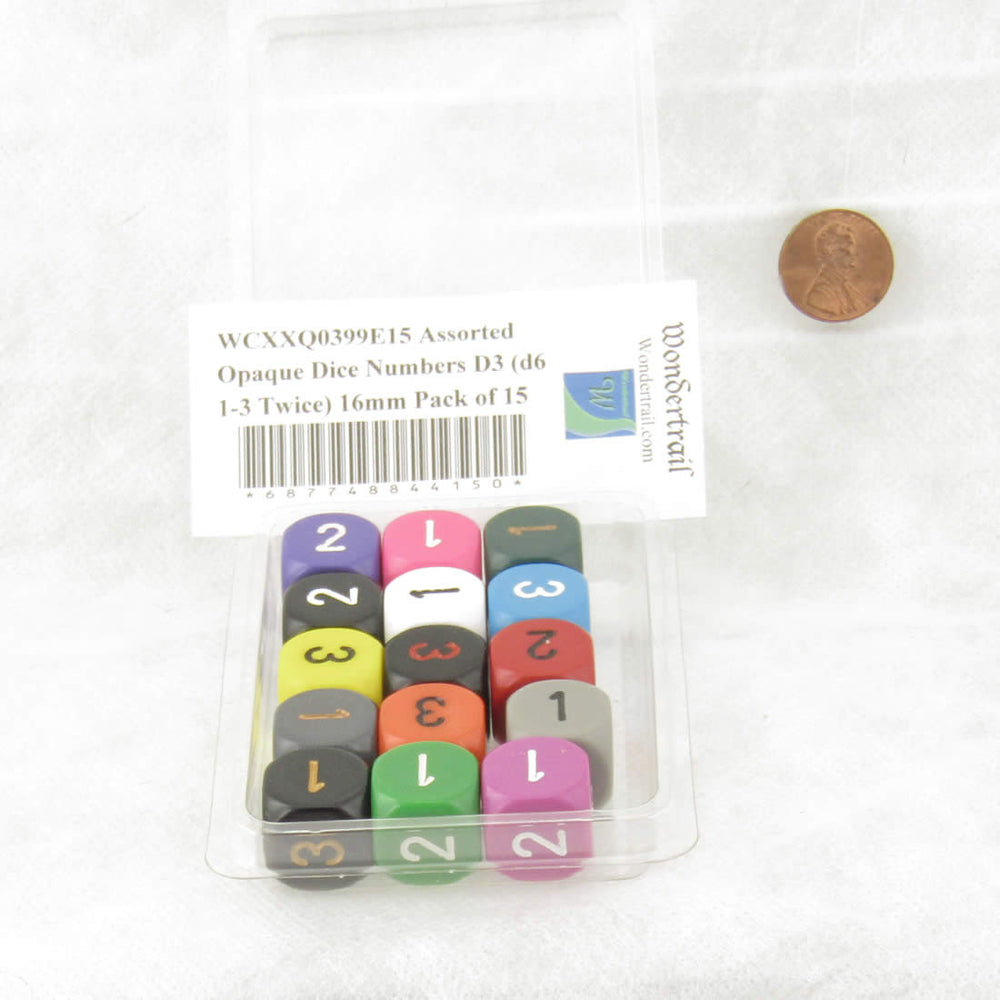 WCXXQ0399E15 Assorted Opaque Dice Numbers D3 (d6 1-3 Twice) 16mm Pack of 15 (ONLINE ORDER ONLY)