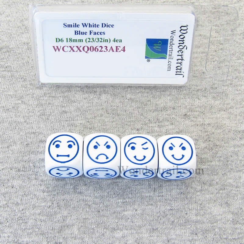 WCXXQ0623AE4 Smiley Face Dice White with Blue Different Faces D6 18mm Pack of 4 (ONLINE ORDER ONLY)