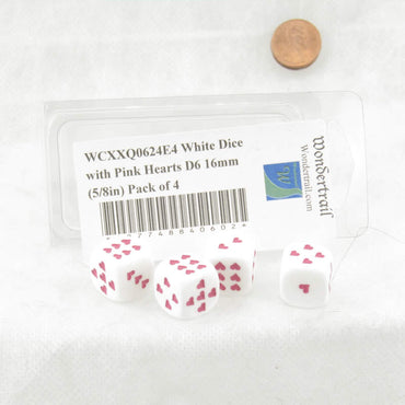WCXXQ0624E4 White Dice with Pink Hearts D6 16mm (5/8in) Pack of 4 (ONLINE ORDER ONLY)
