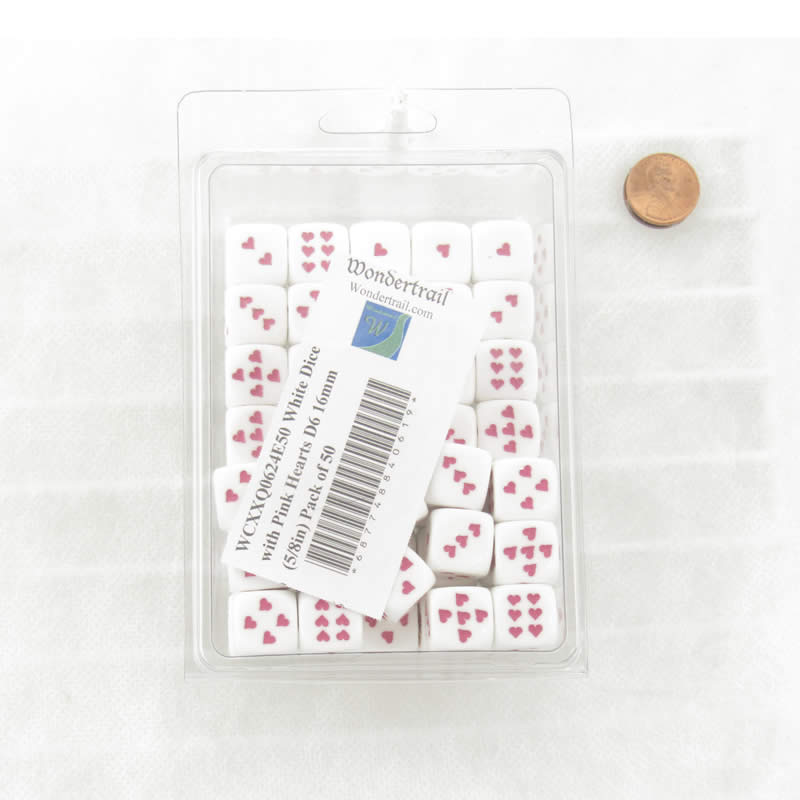 WCXXQ0624E50 White Dice with Pink Hearts D6 16mm (5/8in) Pack of 50 (ONLINE ORDER ONLY)