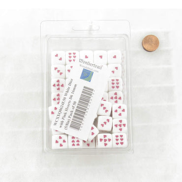 WCXXQ0624E50 White Dice with Pink Hearts D6 16mm (5/8in) Pack of 50 (ONLINE ORDER ONLY)