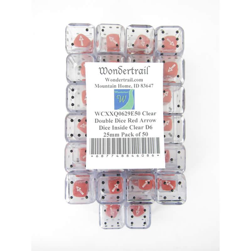 WCXXQ0629E50 Clear Double Dice Red Arrow Dice Inside Clear D6 25mm Pack of 50 (ONLINE ORDER ONLY)