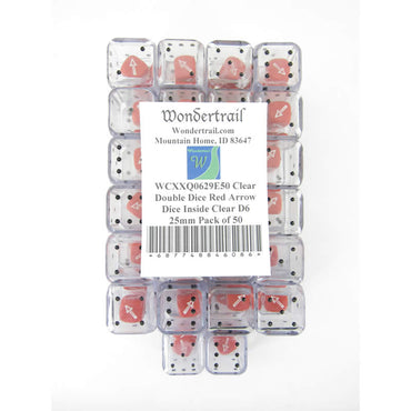 WCXXQ0629E50 Clear Double Dice Red Arrow Dice Inside Clear D6 25mm Pack of 50 (ONLINE ORDER ONLY)
