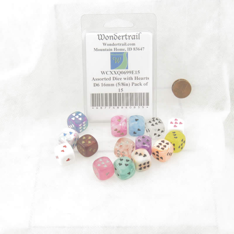 WCXXQ0699E15 Assorted Dice with Hearts D6 16mm (5/8in) Pack of 15 (ONLINE ORDER ONLY)