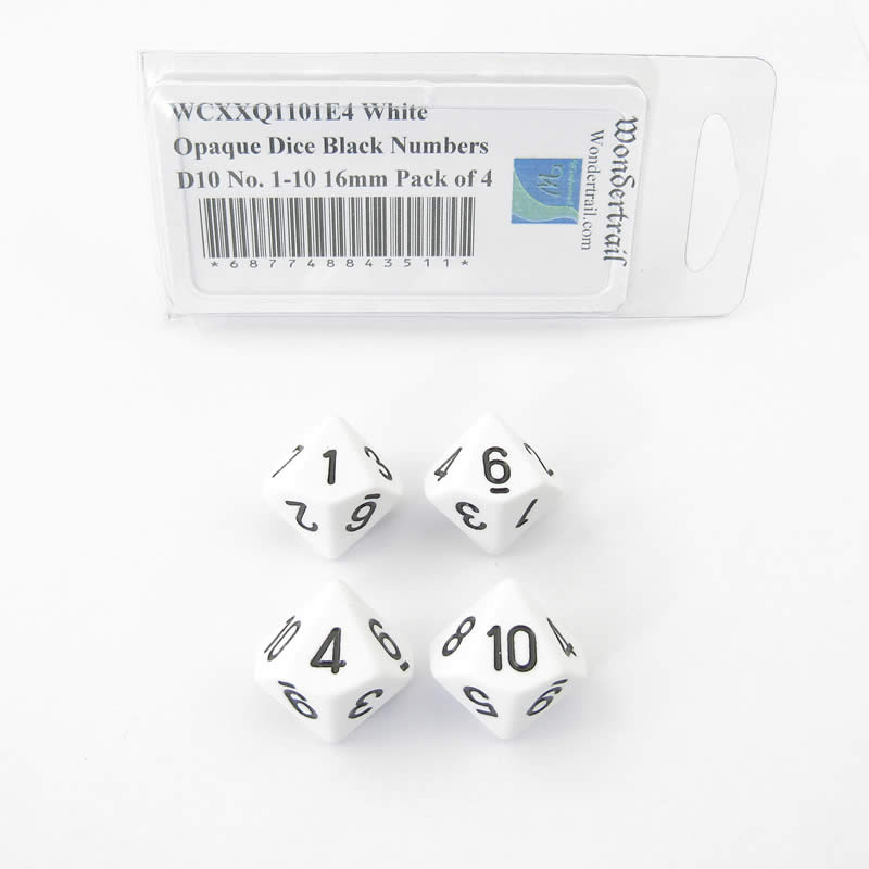 WCXXQ1101E4 White Opaque Dice Black Numbers D10 No. 1-10 16mm Pack of 4 (ONLINE ORDER ONLY)