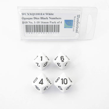 WCXXQ1101E4 White Opaque Dice Black Numbers D10 No. 1-10 16mm Pack of 4 (ONLINE ORDER ONLY)