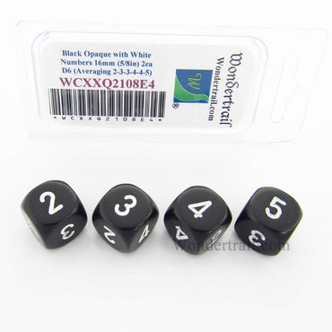 WCXXQ2108E4 Black Opaque Dice White Numbers D6 Averaging Dice 16mm Pack of 4 (ONLINE ORDER ONLY)