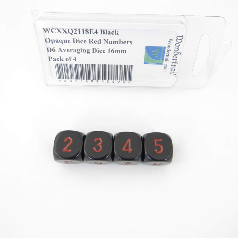 WCXXQ2118E4 Black Opaque Dice Red Numbers D6 Averaging Dice 16mm Pack of 4 (ONLINE ORDER ONLY)