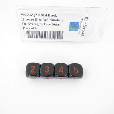 WCXXQ2118E4 Black Opaque Dice Red Numbers D6 Averaging Dice 16mm Pack of 4 (ONLINE ORDER ONLY)