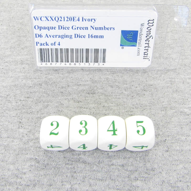 WCXXQ2120E4 Ivory Opaque Dice with Green Numbers D6 Averaging Dice 16mm Pack of 4 (ONLINE ORDER ONLY)