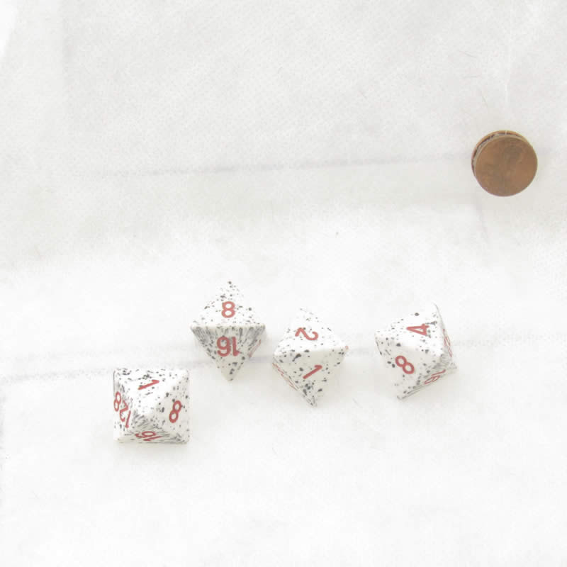 WCXXSDC57E4 Dalmation Speckled Dice with Red Numbers D8 Doubling Cube 18mm (23/32in) Pack of 4 (ONLINE ORDER ONLY)