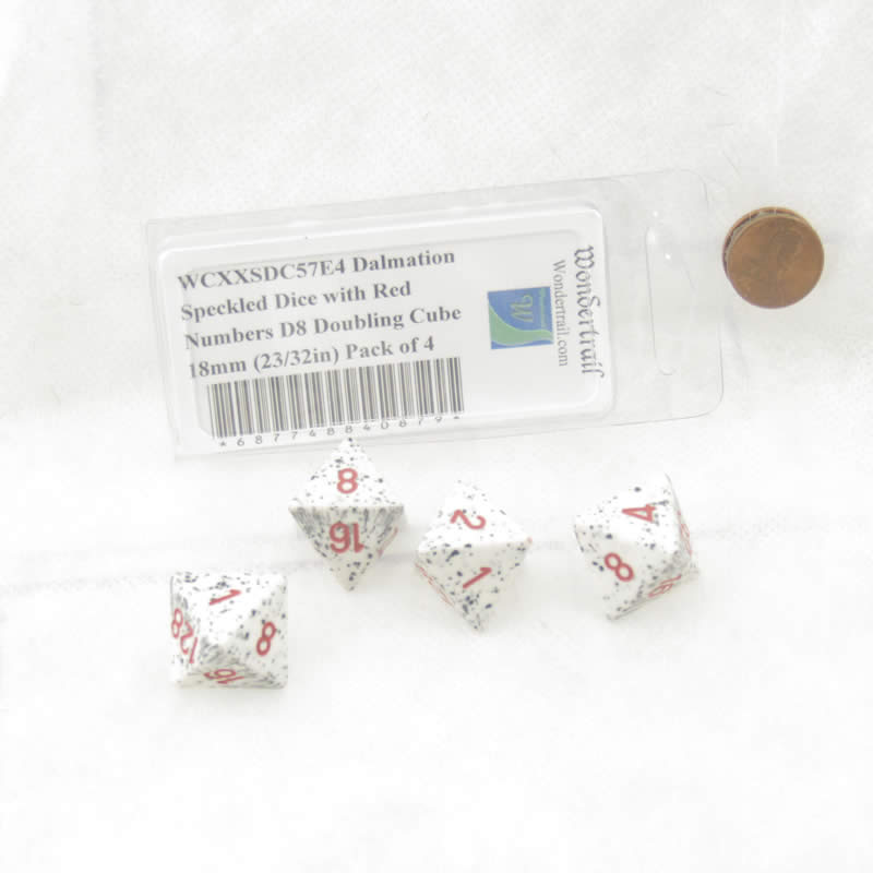 WCXXSDC57E4 Dalmation Speckled Dice with Red Numbers D8 Doubling Cube 18mm (23/32in) Pack of 4 (ONLINE ORDER ONLY)