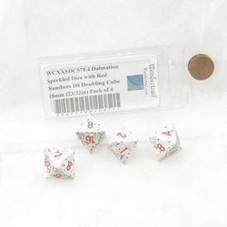 WCXXSDC57E4 Dalmation Speckled Dice with Red Numbers D8 Doubling Cube 18mm (23/32in) Pack of 4 (ONLINE ORDER ONLY)
