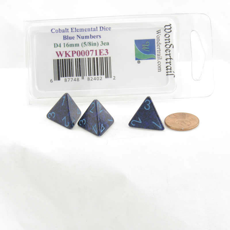 WKP00071E3 Cobalt Elemental Dice with Blue Numbers D4 16mm Pack of 3 (ONLINE ORDER ONLY)
