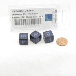WKP00102E3 Cobalt Elemental Dice with Blue Numbers D6 16mm Pack of 3 (ONLINE ORDER ONLY)