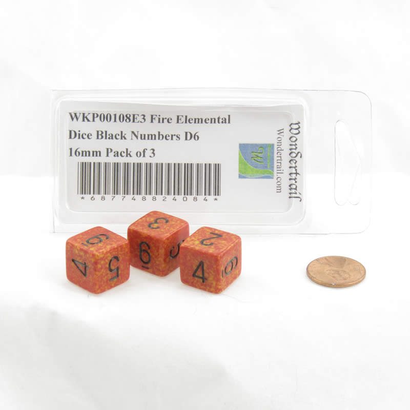 WKP00108E3 Fire Elemental Dice Black Numbers D6 16mm Pack of 3 (ONLINE ORDER ONLY)