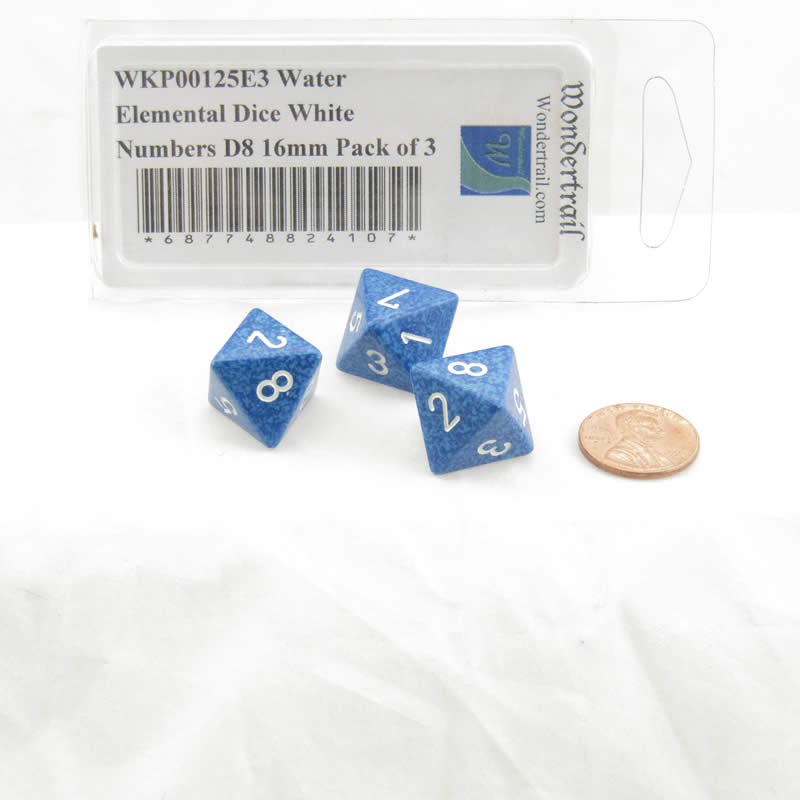 WKP00125E3 Water Elemental Dice White Numbers D8 16mm Pack of 3 (ONLINE ORDER ONLY)