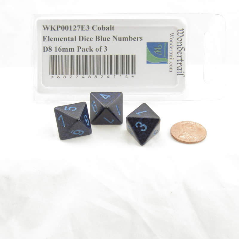 WKP00127E3 Cobalt Elemental Dice Blue Numbers D8 16mm Pack of 3 (ONLINE ORDER ONLY)