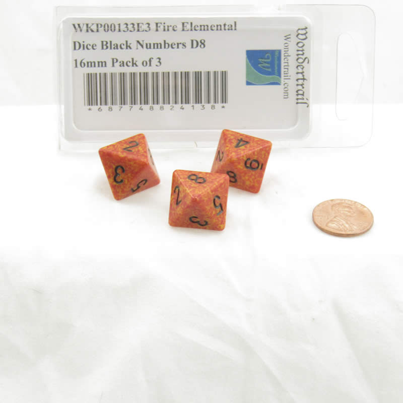 WKP00133E3 Fire Elemental Dice Black Numbers D8 16mm Pack of 3 (ONLINE ORDER ONLY)
