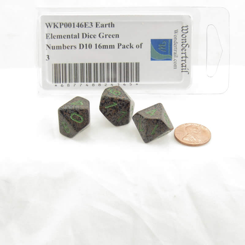 WKP00146E3 Earth Elemental Dice Green Numbers D10 16mm Pack of 3 (ONLINE ORDER ONLY)