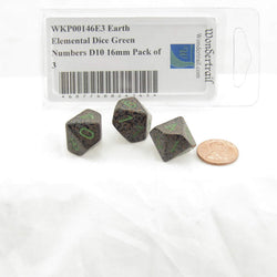 WKP00146E3 Earth Elemental Dice Green Numbers D10 16mm Pack of 3 (ONLINE ORDER ONLY)