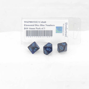 WKP00151E3 Cobalt Elemental Dice with Blue Numbers D10 16mm (5/8in) Pack of 3 (ONLINE ORDER ONLY)
