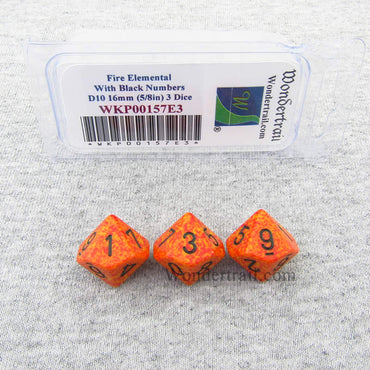WKP00157E3 Fire Elemental Dice Black Numbers D10 16mm Pack of 3 (ONLINE ORDER ONLY)