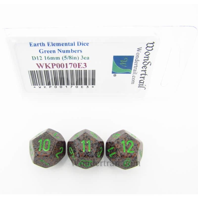 WKP00170E3 Earth Elemental Dice Green Numbers D12 16mm Pack of 3 (ONLINE ORDER ONLY)