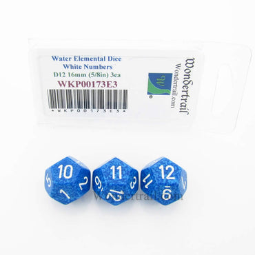 WKP00173E3 Water Elemental Dice White Numbers D12 16mm Pack of 3 (ONLINE ORDER ONLY)