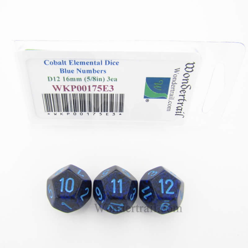 WKP00175E3 Cobalt Elemental Dice Blue Numbers D12 16mm Pack of 3 (ONLINE ORDER ONLY)