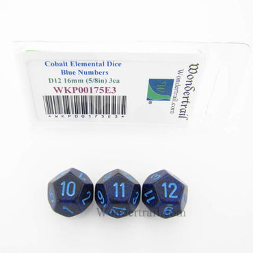 WKP00175E3 Cobalt Elemental Dice Blue Numbers D12 16mm Pack of 3 (ONLINE ORDER ONLY)