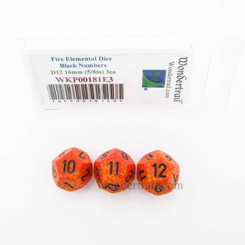 WKP00181E3 Fire Elemental Dice Black Numbers D12 16mm Pack of 3 (ONLINE ORDER ONLY)