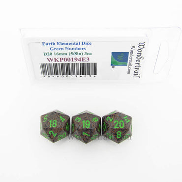WKP00194E3 Earth Elemental Dice Green Numbers D20 16mm Pack of 3 (ONLINE ORDER ONLY)